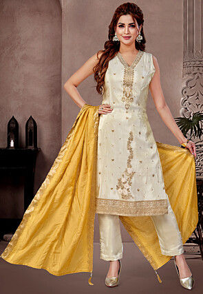 Woven Art Silk Pakistani Suit in Off White