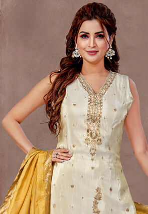 Woven Art Silk Pakistani Suit in Off White