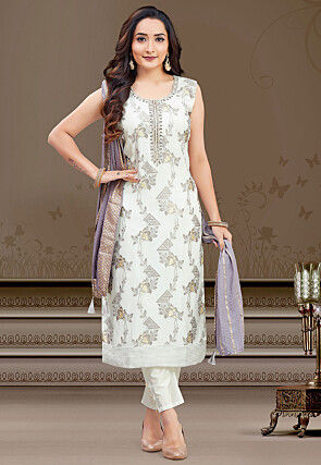 Woven Art Silk Pakistani Suit in Off White