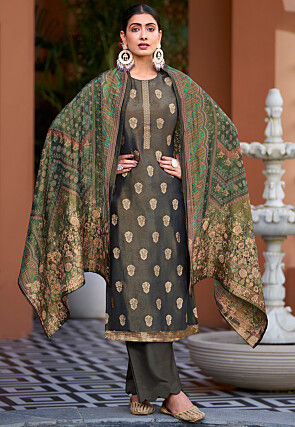 Woven Art Silk Pakistani Suit in Olive Green