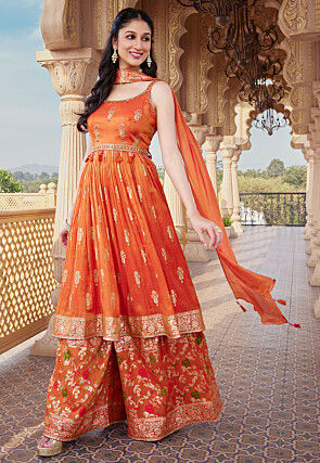 Woven Art Silk Pakistani Suit in Orange