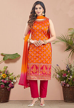 Woven Art Silk Pakistani suit in Orange