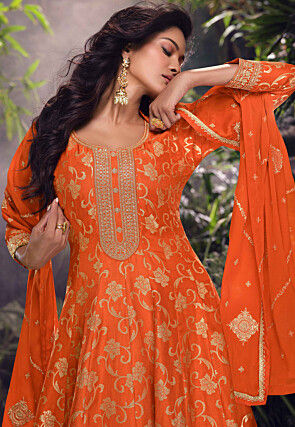 Woven Art Silk Pakistani Suit in Orange