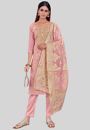Woven Art Silk Pakistani Suit in Pink