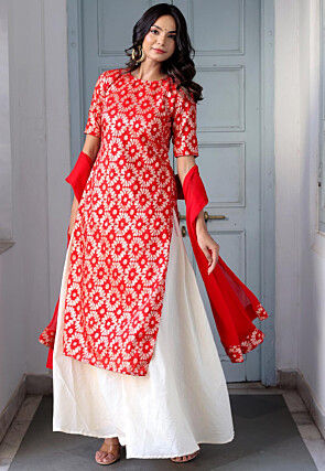 Woven Art Silk Pakistani Suit in Red