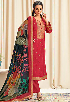 Woven Art Silk Pakistani Suit in Red