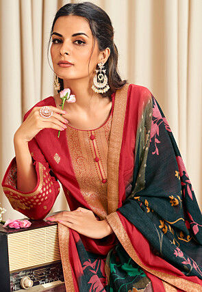 Woven Art Silk Pakistani Suit in Red