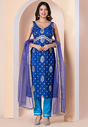 Woven Art Silk Pakistani Suit in Royal Blue