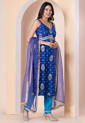 Woven Art Silk Pakistani Suit in Royal Blue