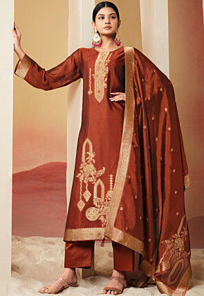 Woven Art Silk Pakistani Suit in Rust