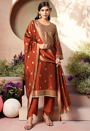 Woven Art Silk Pakistani Suit in Rust