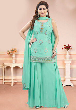 Woven Art Silk Pakistani Suit in Sea Green