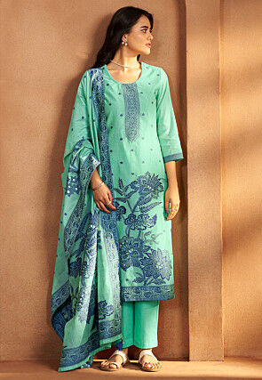Woven Art Silk Pakistani Suit in Sea Green