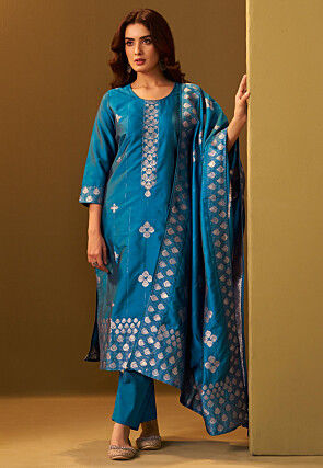 Woven Art Silk Pakistani Suit in Teal Blue