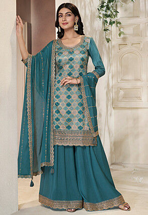 Woven Art Silk Pakistani Suit in Teal Blue