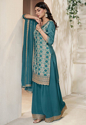 Woven Art Silk Pakistani Suit in Teal Blue
