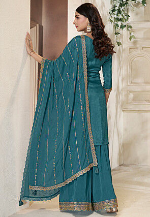 Woven Art Silk Pakistani Suit in Teal Blue