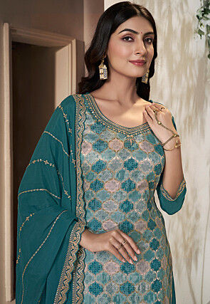Woven Art Silk Pakistani Suit in Teal Blue