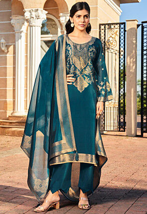 Woven Art Silk Pakistani Suit in Teal Blue