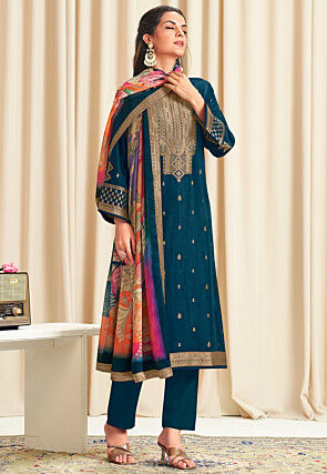 Woven Art Silk Pakistani Suit in Teal Blue