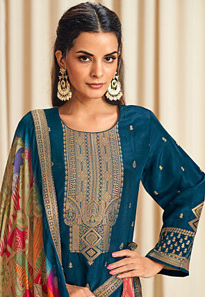Woven Art Silk Pakistani Suit in Teal Blue