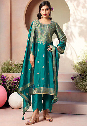 Woven Art Silk Pakistani Suit in Teal Green