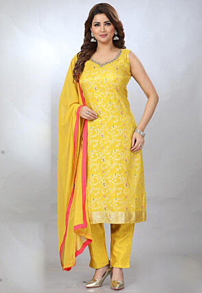 Woven Art Silk Pakistani Suit in Yellow