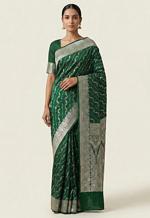 Woven Art Silk Saree from Banaras in Dark Green
