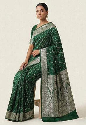 Woven Art Silk Saree from Banaras in Dark Green