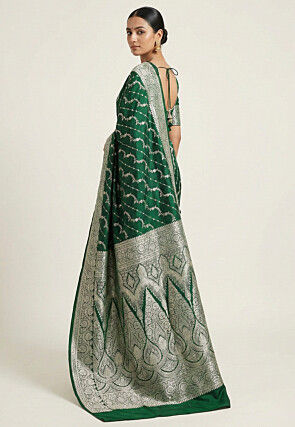 Woven Art Silk Saree from Banaras in Dark Green