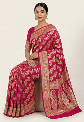 Woven Art Silk Saree from Banaras in Fuchsia