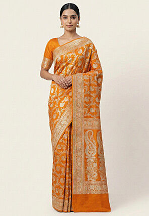 Woven Art Silk Saree from Banaras in Mustard