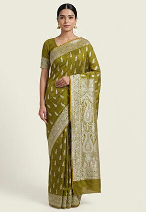Woven Art Silk Saree from Banaras in Olive Green