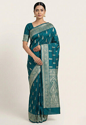Woven Art Silk Saree from Banaras in Teal Blue