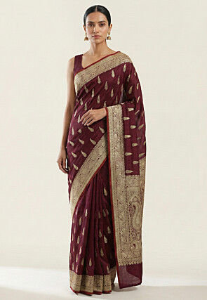Woven Art Silk Saree from Banaras in Wine