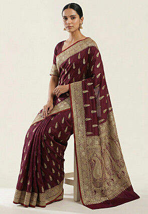 Woven Art Silk Saree from Banaras in Wine