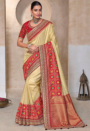 Woven Art Silk Saree in Beige and Red