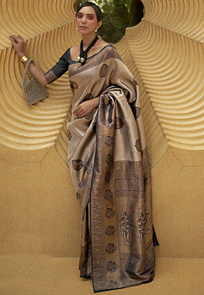 Woven Art Silk Saree in Beige and Black