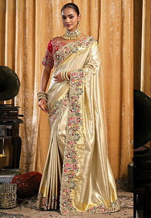 Woven Art Silk Scalloped Saree in Beige