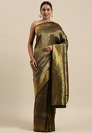 Woven Art Silk Saree in Black and Golden