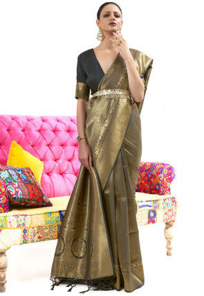 Buy Triyah Peanut Gold Metallic Soft Fabric Saree With Unstitched Blouse  Fabric online