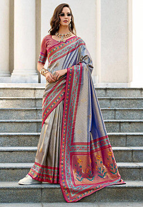 Woven Art Silk Saree in Blue and Golden