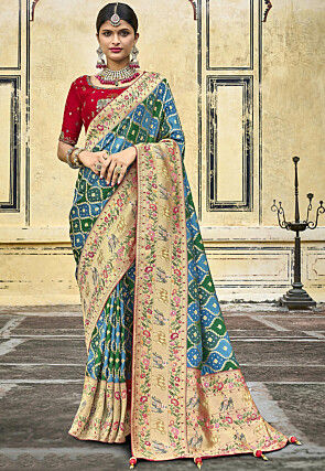 Woven Art Silk Saree in Blue and Green
