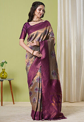 Woven Art Silk Saree in Brown and Golden