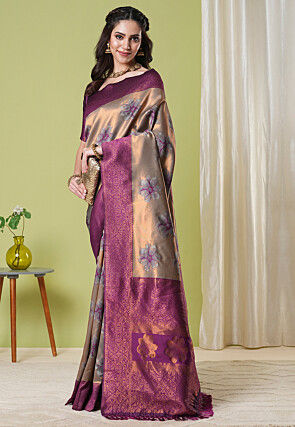 Woven Art Silk Saree in Brown and Golden