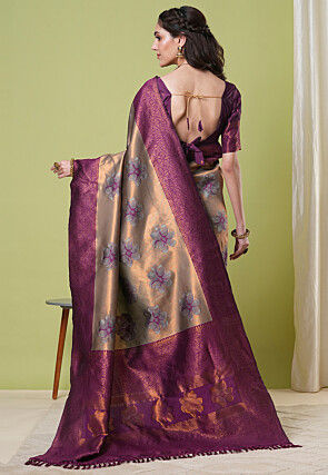 Woven Art Silk Saree in Brown and Golden