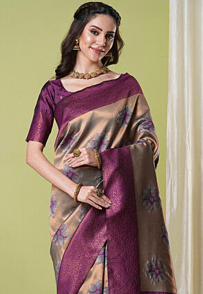 Woven Art Silk Saree in Brown and Golden