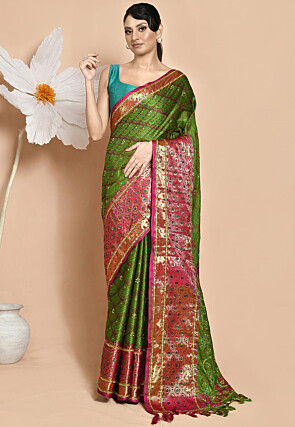 Woven Art Silk Saree in Brown and Green