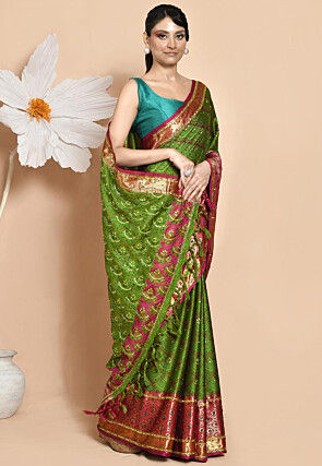 Woven Art Silk Saree in Brown and Green
