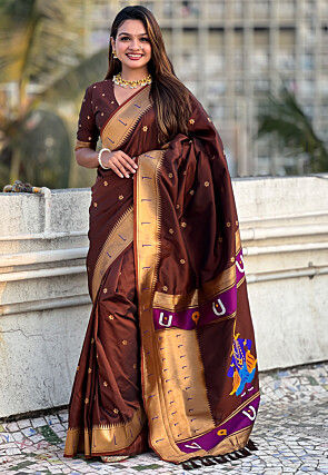 Woven Art Silk Saree in Brown